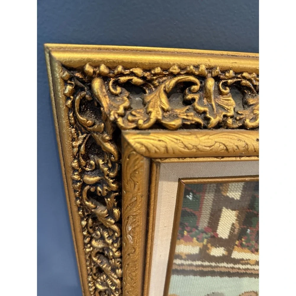 Vintage Huge Victorian Scenery Needlepoint Wall Art Tapestry Framed 26.5